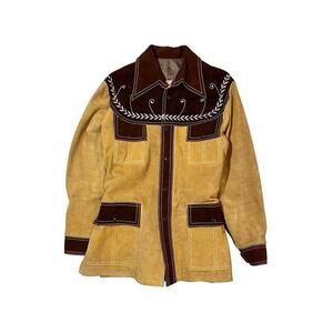 Vtg Esquire Suede Whipstitch Jacket Embellished Western Two Tone Belted